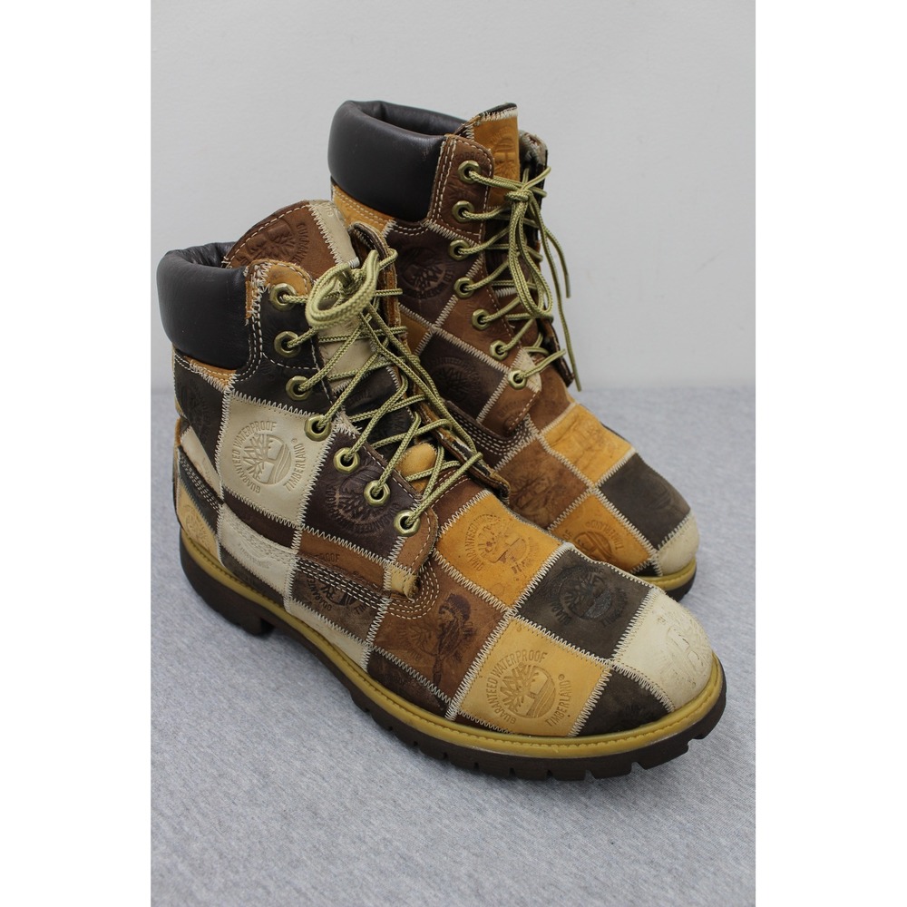 VTG Timberland Boots Mens 13 Brown Patchwork Premium 6-Inch Waterproof Lug Sole